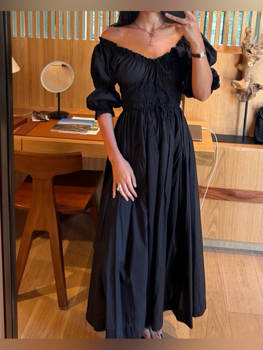 New Doen Ischia Smocked Poplin Dress In Black Cotton Blend